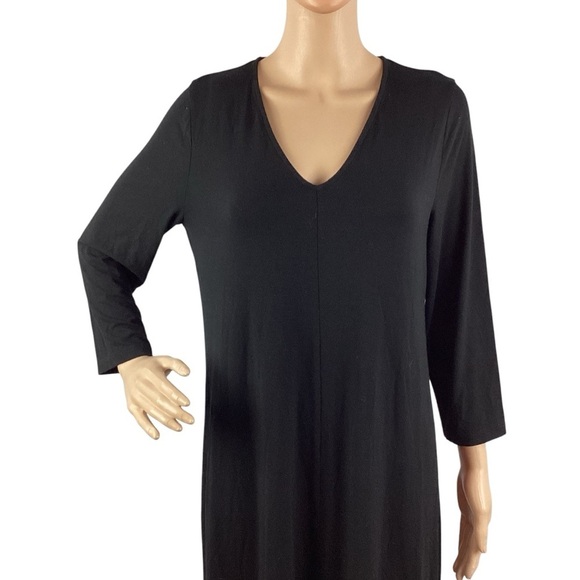 Eileen Fisher Black Long Sleeve V-Neck Midi Dress Size M Viscose - Picture 2 of 7